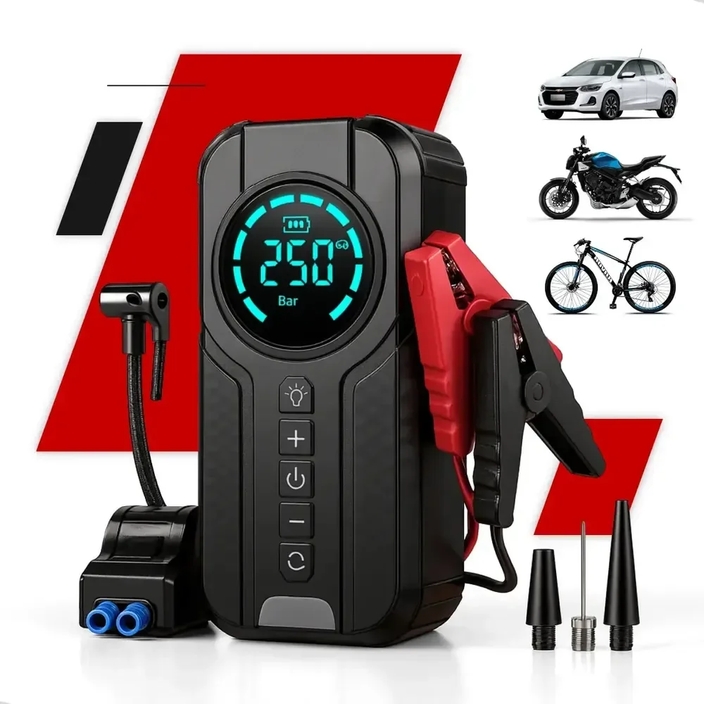 Auxiliar De Partida Carregador Bateria Com Compressor De Ar Emergência Portátil Veicular Floots Automotivo