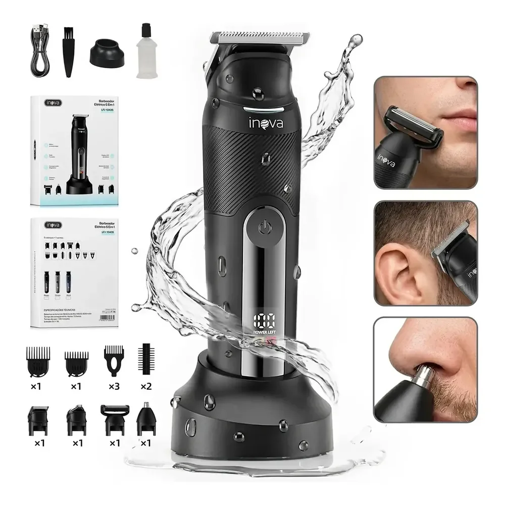 Barbeador Elétrico 5 Em 1 Inova Multigroom, Para Barba E Corpo Com 8 Pentes E Led Preto-2 127/220v