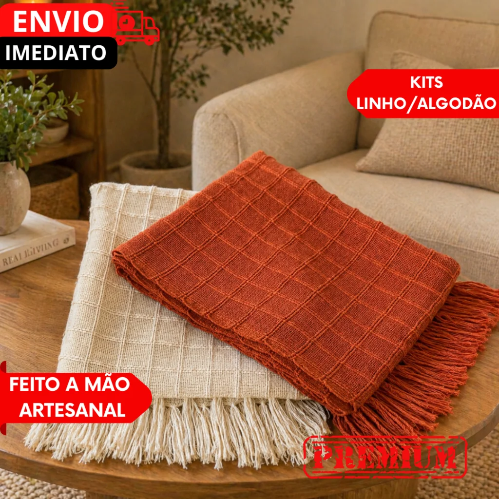 Manta Para Sofá GG e Peseira De Cama Terracota E Cru Detalhe Em Quadriculado artesanal...