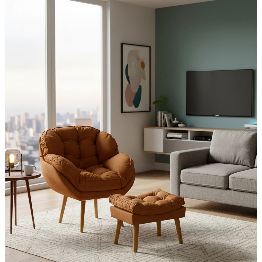 Poltrona Decorativa com Puff Tecido Suede Quarto Sala Consultório Clínica