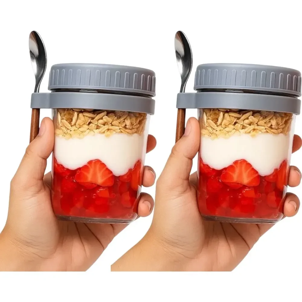 Kit 2 Copos De Vidro 350ml Frutas Iogurte Saudável Cinza