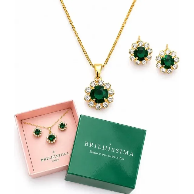 Conjunto Colar Brinco Zirconia Folheado A Ouro Presente
