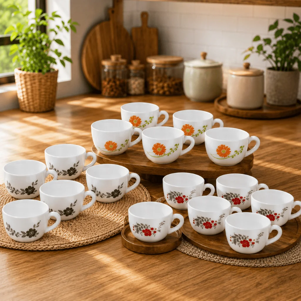 Kit 6 Xícaras de Café 130ml Brancas Decoradas Porcelana Scarlet Tropical Florid Vine Livid Lilac