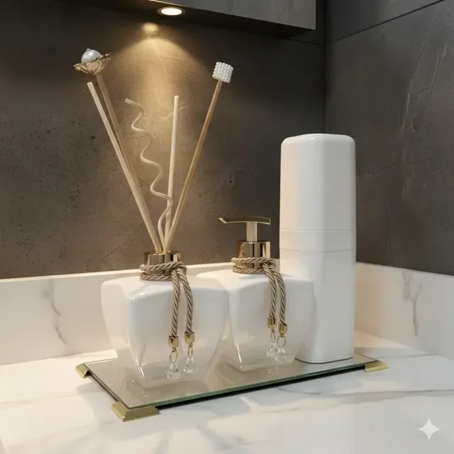 Kit Lavabo Prata Dourado Difusor Bandeja Porta Escovas Decor