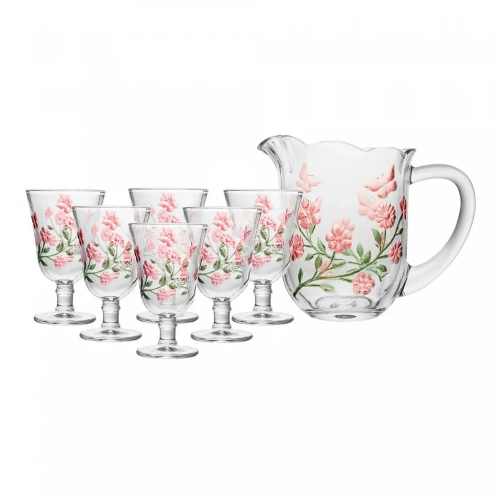 Conjunto jarra 1,3l e 6 Taças Para Água 240ml Lyor Lys Hand Painting Cristal Decoradas Floral Luxo Mesa Posta