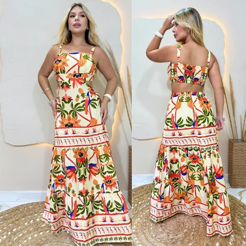 vestido tropical longo, vestido Chic feminino, vestido verão casual, moda feminina praia, vestido estampado