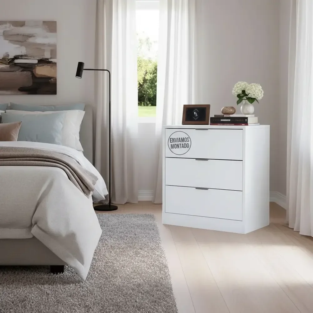 Mesa De Cabeceira Branca 50cm 3 Gavetas Quarto Cama Montado Fosco Branco Cinza