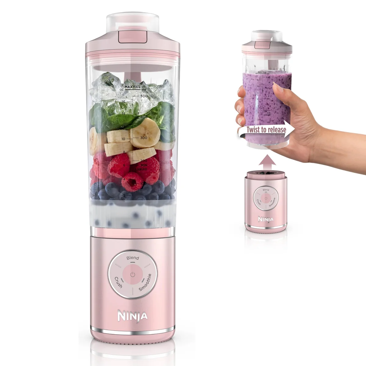 Ninja Blast Max, liquidificador portátil + Twist & Go, Smoothie pessoal, blend, Ice Crush, 3 programas, sem fio, recipiente removível de 623 g, lavável na lava-louças, à prova de vazamento, rosa
