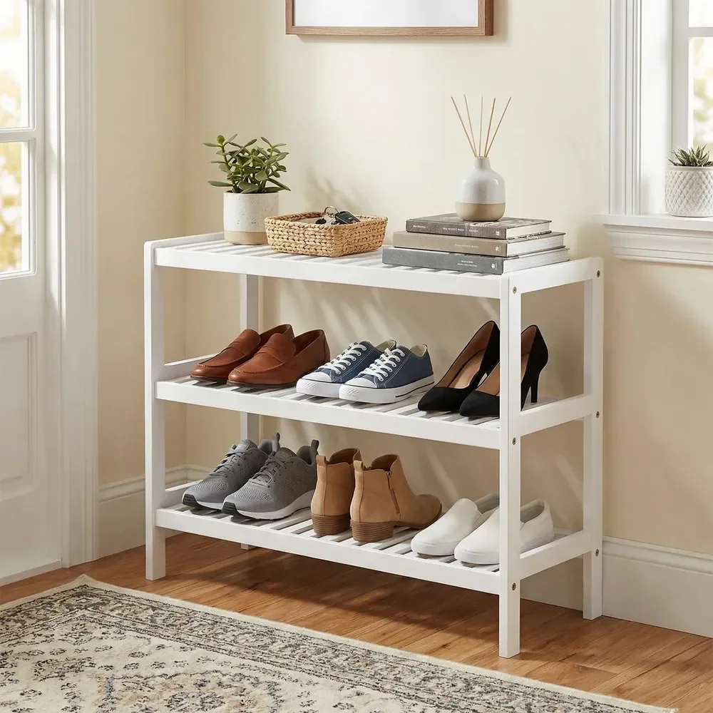 Sapateira Organizador De Calçados De Bambu, 3 Níveis, Branco
