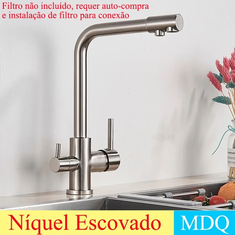 Torneira Cozinha Gourmet Com Filtro Bica,Giratória 360° - Água Quente e Fria, Aço Inox para Bancada