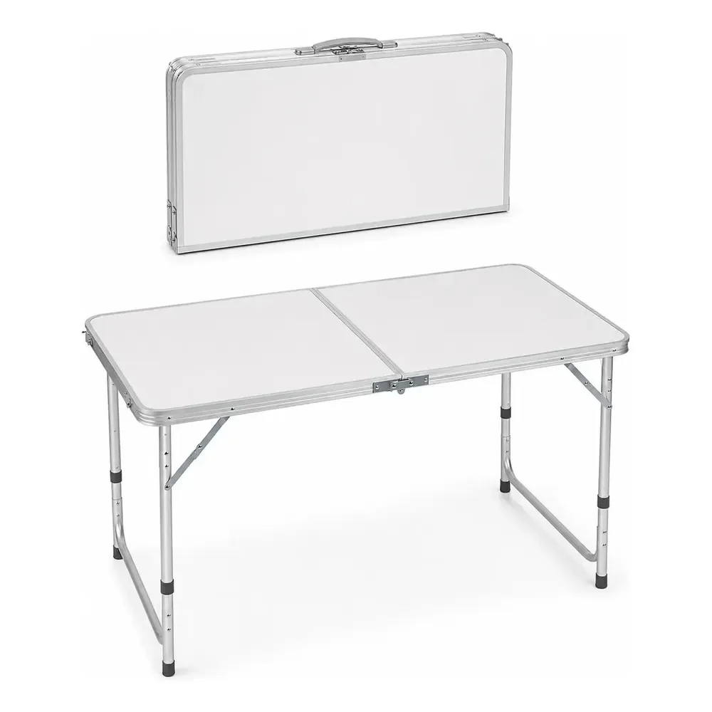 Mesa Dobrável Omega Alumínio Maleta 120x60cm 3 Alturas Camping Praia Branca Branco