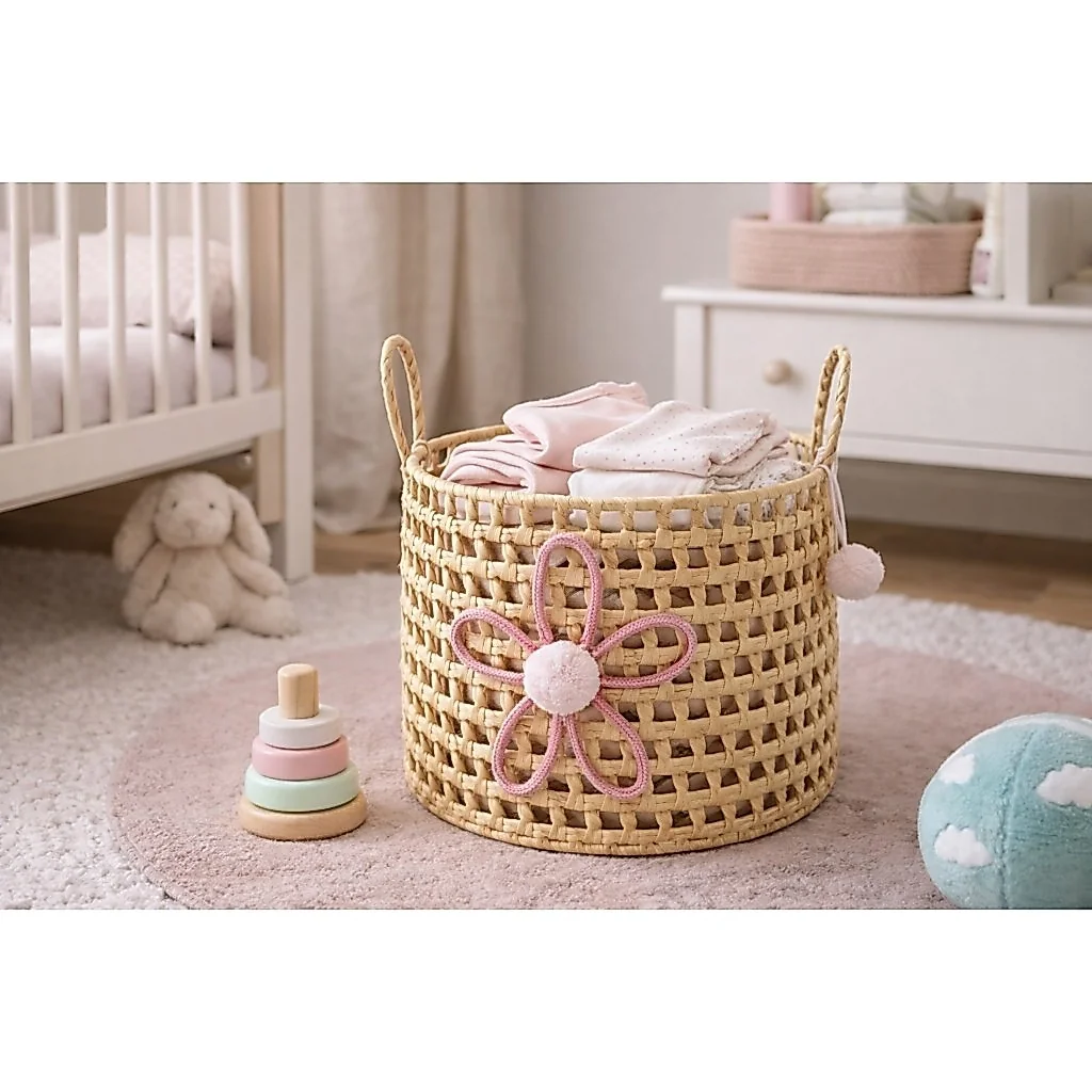 Cesto Organizador com Alças Infantil em Palha Natural Flor 35x25