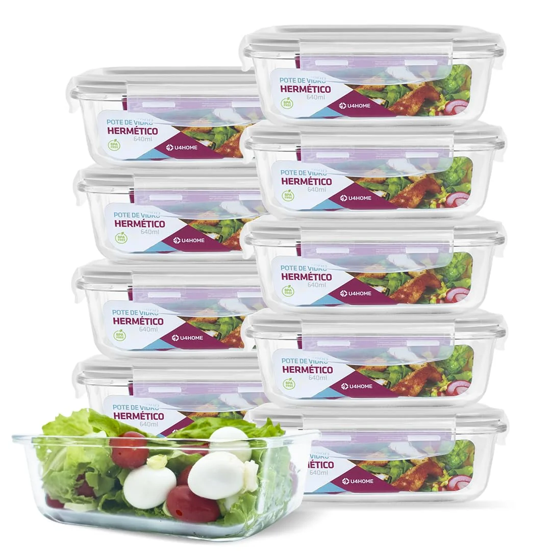Conjunto 10 Potes Vidro Hermético Marmita Mantimento 640ml (Branco)