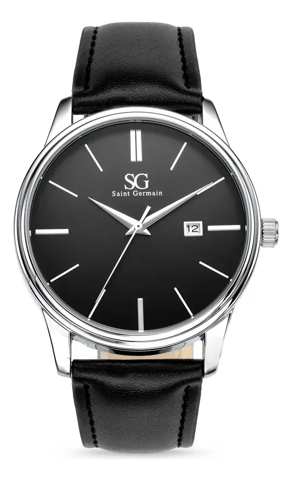 Relógio Masculino Chrowl Saint Germain Pulseira Couro Caixa Prateada Fundo Preto 42mm Clássico