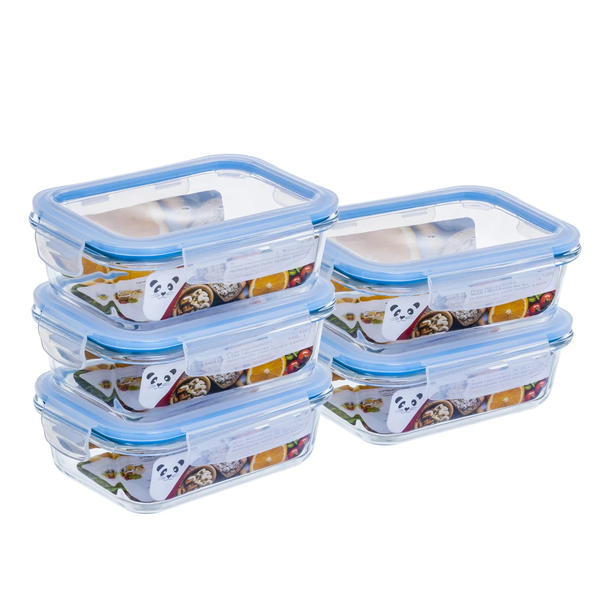 Kit com 5 Potes de Vidro Gato Panda, 640 ml, Retangular, com Tampa Hermética, Azul