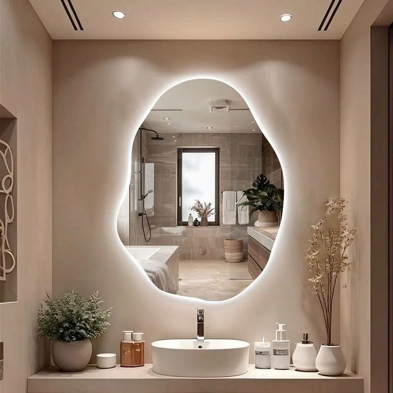 Espelho Orgânico Lapidado 50X35 ou 70x50 ou 80x60 Sem Moldura LED C/PILHAS Quente Frio Decoração Quarto Banheiro Sala