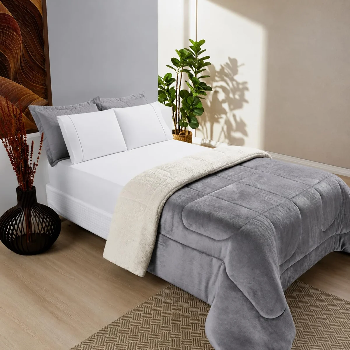 Edredom Cobertor Grosso Coberdrom Sherpa Pele Carneiro Peludo Casal Queen 2,20 x 2,40m (Cinza)
