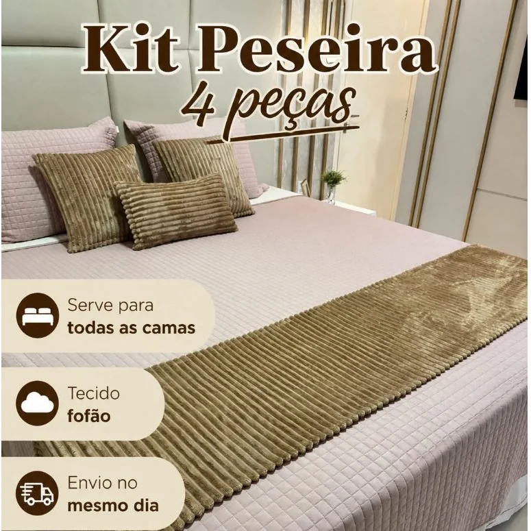 Kit Peseira 4 Peças Cama Casal-Queen-King-Box Tecido Fleece Fofinho Bold e Canelado