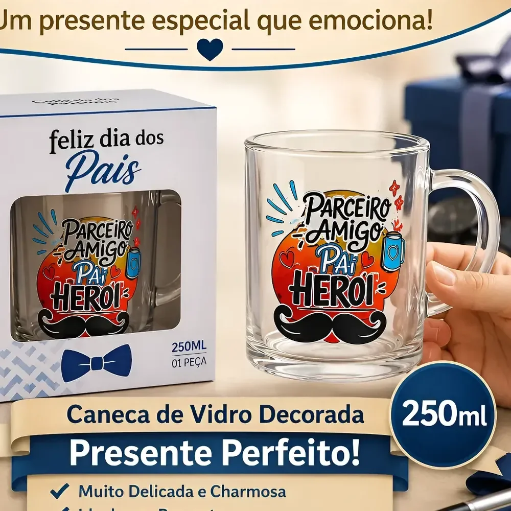 10 Caneca Vidro Dia Dos Pais Caixa Presente Revenda Premium Sortido