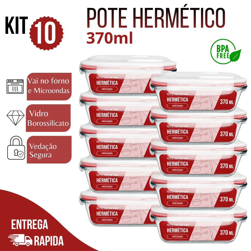 Kit 10 Potes Herméticos de Vidro 370ml Marmita com Tampa Forno e Micro-ondas