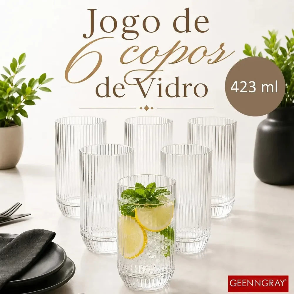 Jogo 6 Copos De Vidro Canelado 423ml Cameratta Água Suco Refrigerante Gourmet Premium Luxo Elegante Drink Café Whisky... Transparente