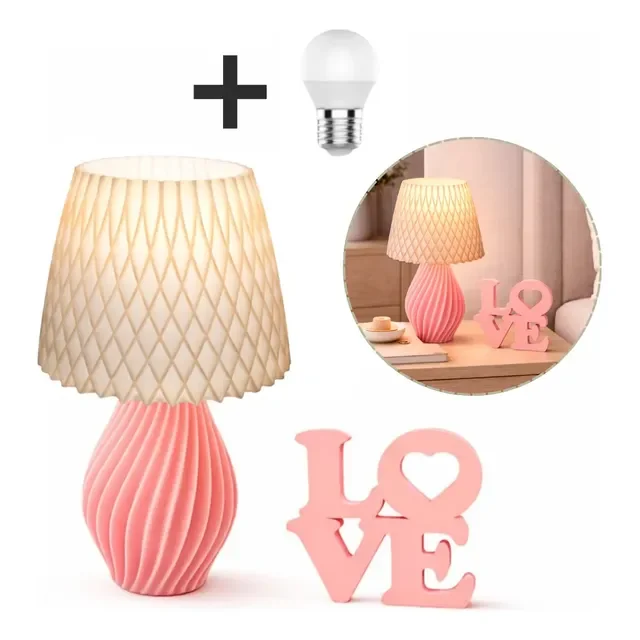 Kit Decoração Quarto Abajur Espiral De Mesa E Placa Love 3d