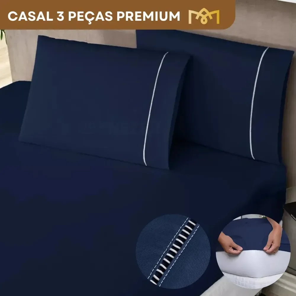 Jogo De Cama Casal Padrão 3 Peças 400 Fios Ponto Palito Macio C/ Elástico Toque Suave Hotel Premium Cor Azul Marinho Liso
