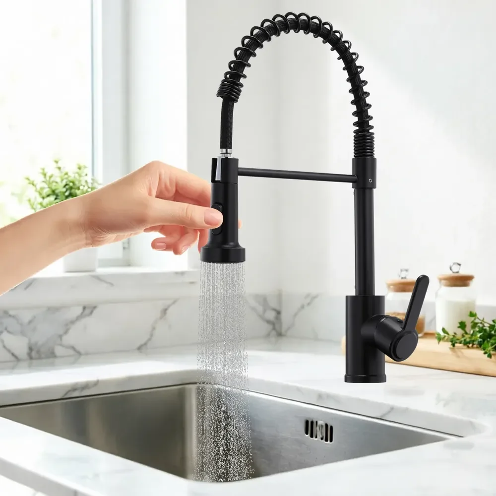 Torneira Gourmet Em Metal Com Mola Bica Única Flexível 360° Preto Bancada De Cozinha