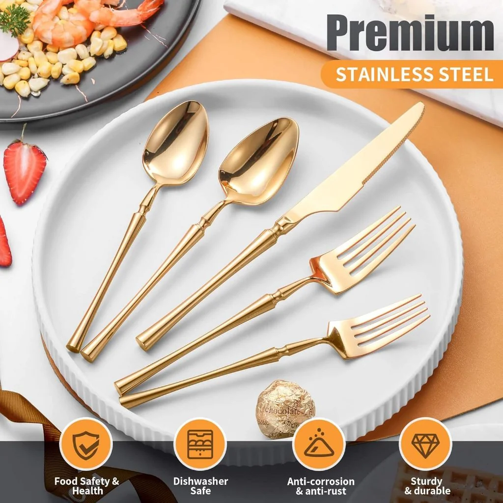 Conjunto de 24 Talheres de Aço Inoxidável Dourado Conjunto de Talheres Cintura Fina Dourado Série Deluxe