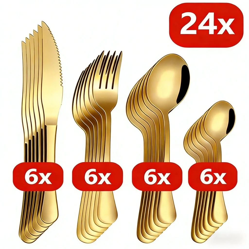 Talheres Louça Aço Inoxidável Dourado 24 Peças