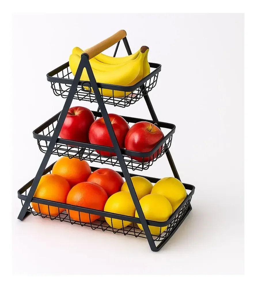 Fruteira De Mesa em Metal Aramado com 3 Níveis, Preta