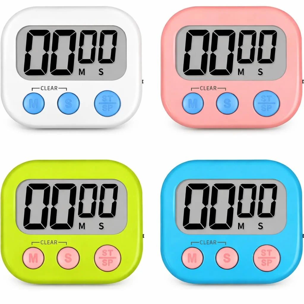 Timer Cronometro Digital de Cozinha com Ímã com Alarme e tela grande - cores sortidas: rosa, branco, amarelo e azul