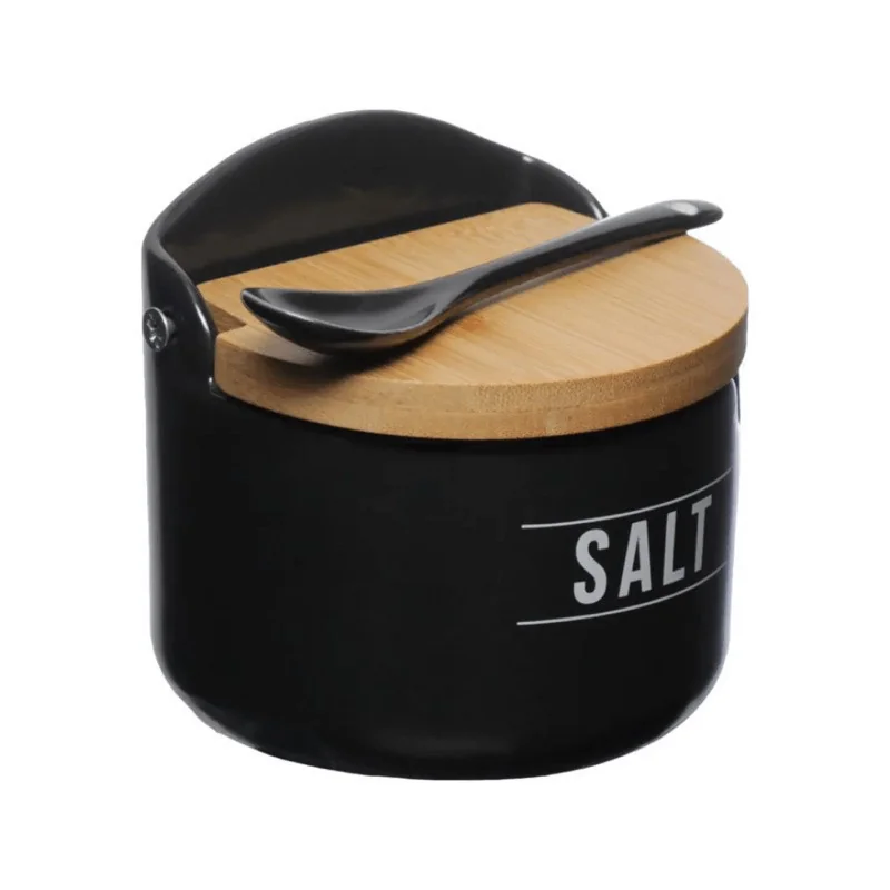 Saleiro De Porcelana Com Tampa De Bambu Porta Tempero Manhattan com Colher de Porcelana GOURMET