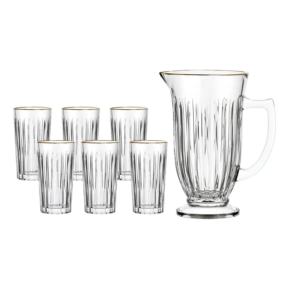 Kit Jarra 6 Copos De Vidro Com Borda Dourada Lila hauskraft Transparente Com Borda Dourada