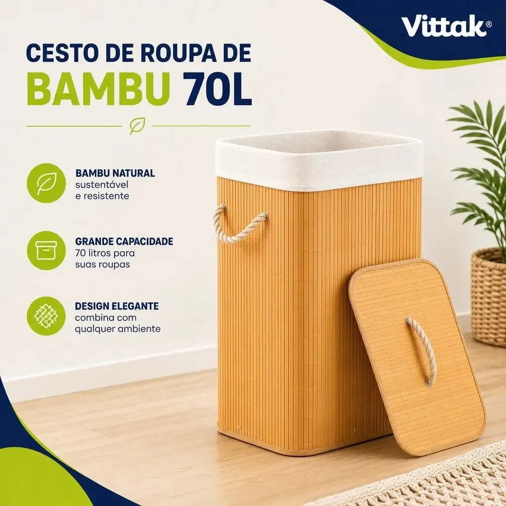 Vittak Cesto De Roupa Bambu 72 Litros Dobrável Retangular Com Tampa E Forro
