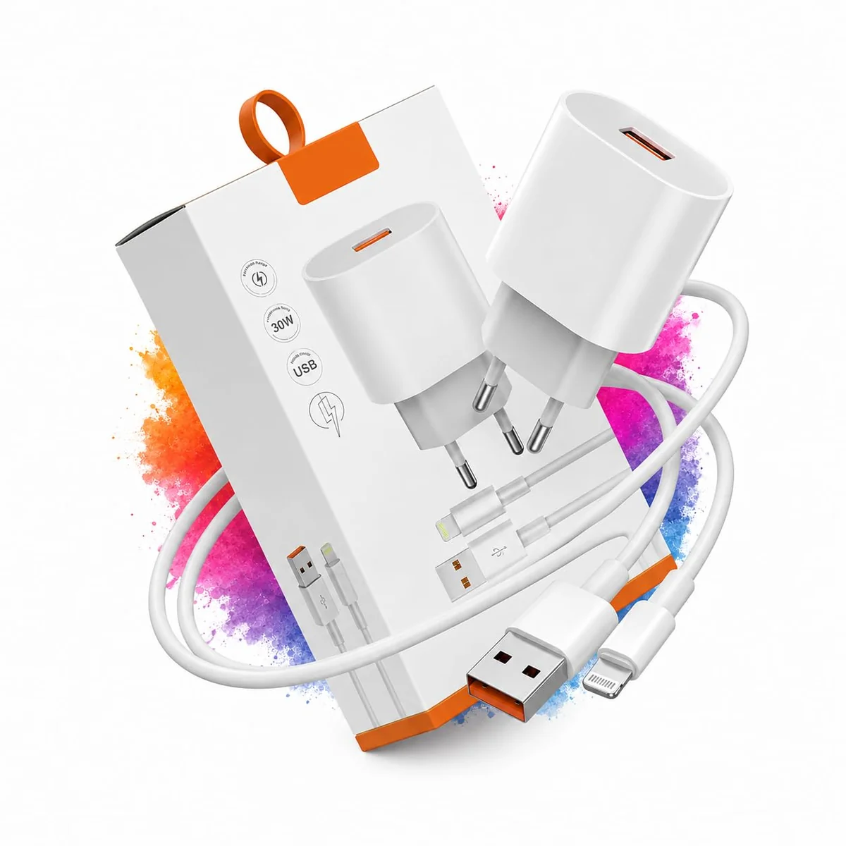 Kit Fonte e Cabo Carregador Super Turbo 30W para iPone – Carga Rápida USB/Lightnin – Alta Velocidade e Bivolt Compatível com iPone 14 13 12 11 X Xr SE