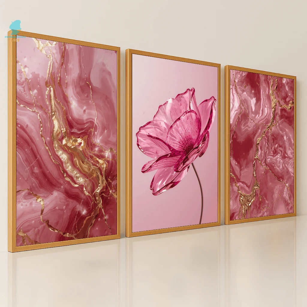 Quadros Decorativos Trio Flor Rosa Mármore Rosa Dourado Moderno Sala Quarto