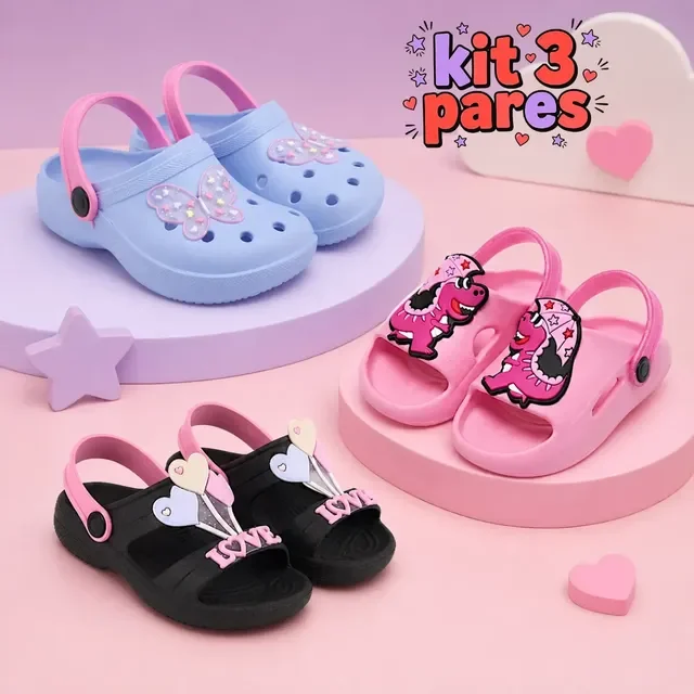 Kit 3 Pares Sandália Babuche Infantil Menina Chinelo Nuvem