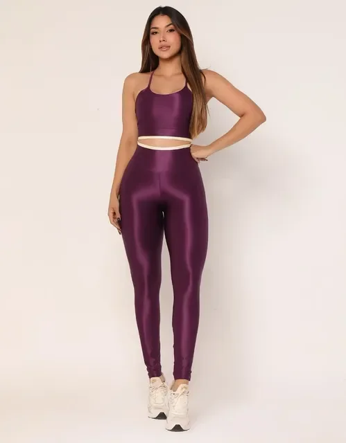 Conjunto Fitness Calça + Top Feminino Canelado Poliamida