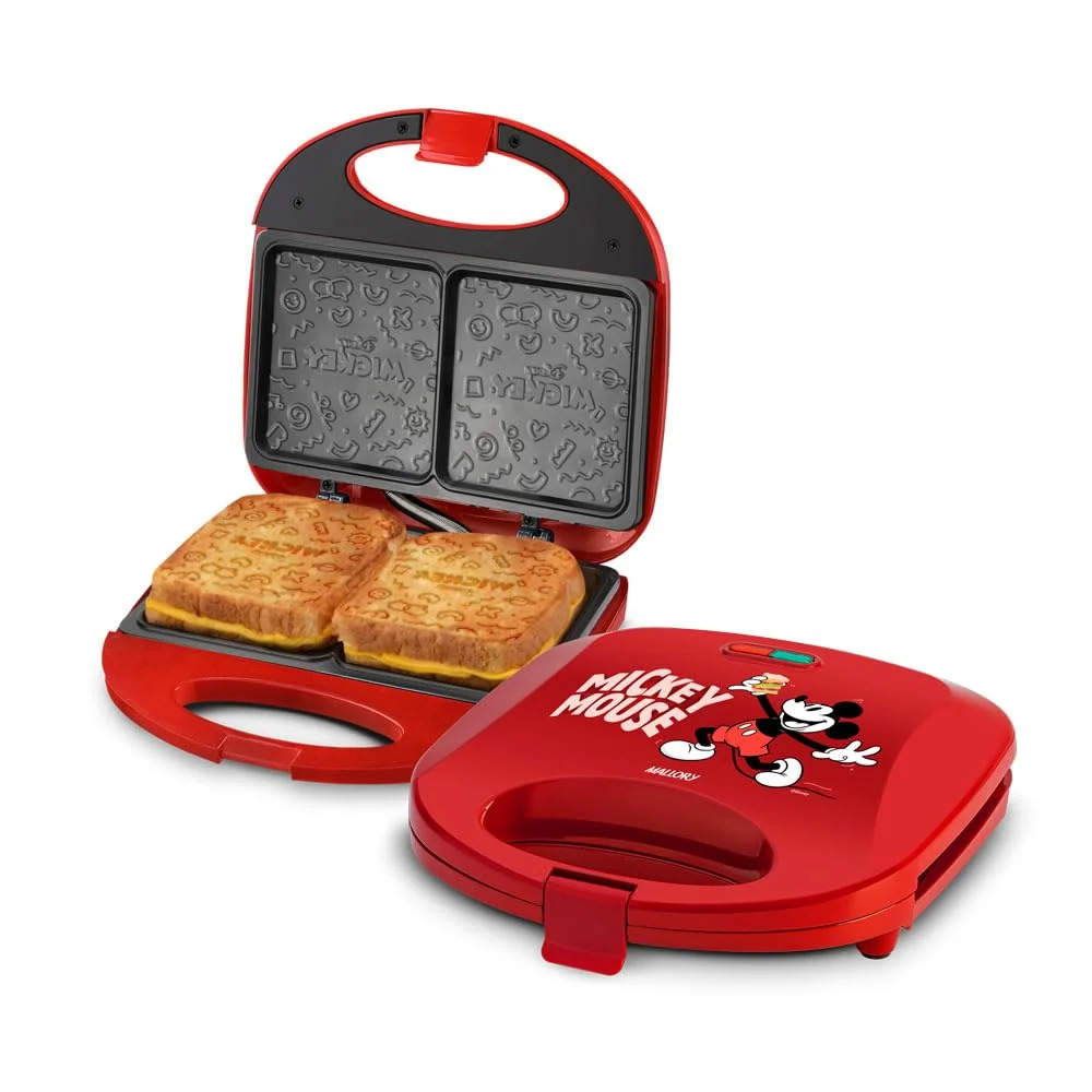 Sanduicheira Elétrica Mallory Mickey Mouse Funny Plates – Placas com Design, Superfície Antiaderente, Luzes LED, Alça com Toque Frio e Trava de Segurança - 127V