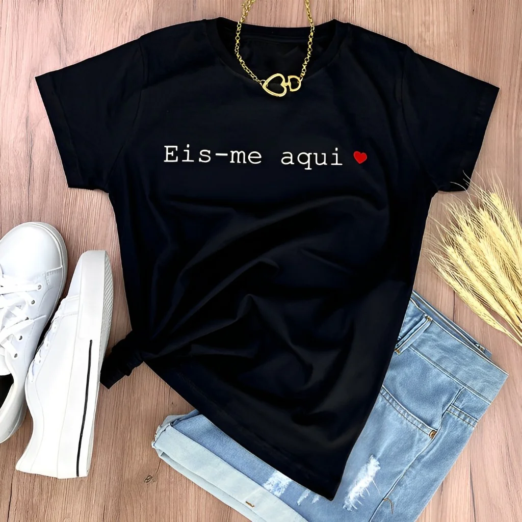Camiseta Eis-me Aqui Moda Evangélica T-shirt Feminina Baby Look Algodão Macio Gospel Estilo e Fé