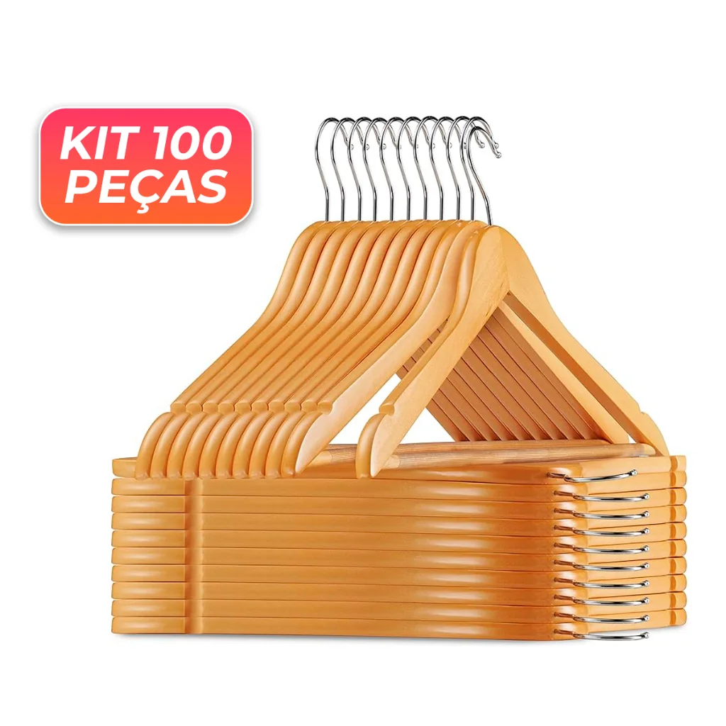 Kit 100 Cabides de Madeira Marfim Adulto Antideslizante Oliver Home