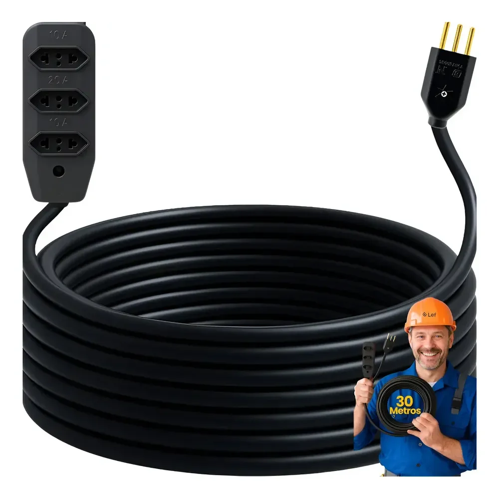 Extensão 30metros Cabo Pp Reforçada Obra Profissional 10/20a Preto 127/220v