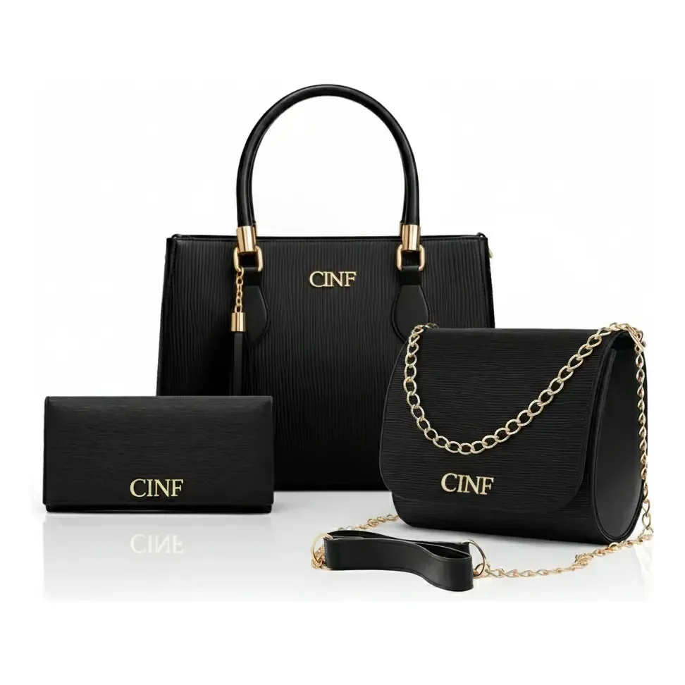 Kit Com 3 Peças Bolsas Feminina Transversal Média Tira Colo Carteira Cor Preta Cinf Liso Ouro Preto