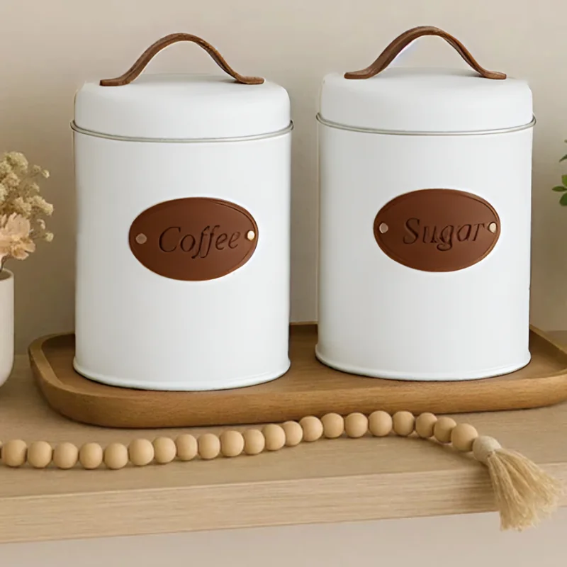 Latas Para Mantimentos Minimalista Coffee e Sugar - Couro