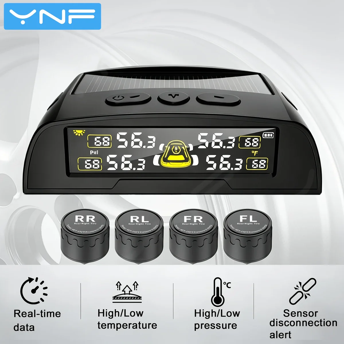YNF TPMS Universal, 4 Sensores Externos, Monitor de Pressão e Temperatura em Tempo Real, Alimentação USB/Bateria, Interruptor de Vibração