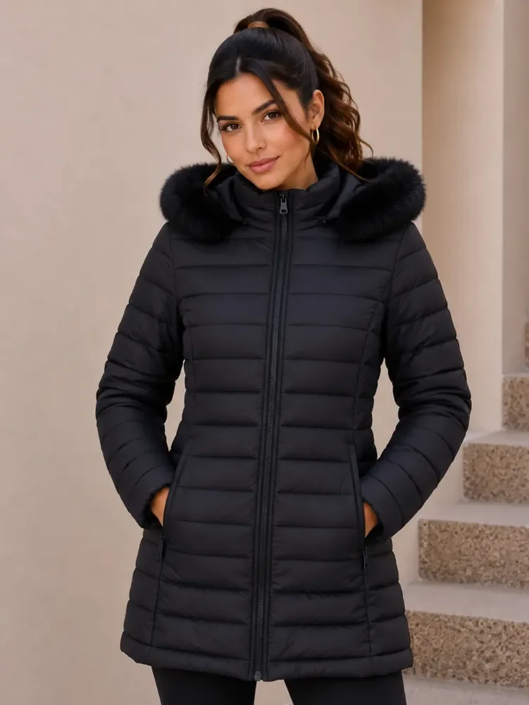 Jaqueta Puffer Feminina Alongada Peluciada Inverno Capuz Pel Preto Gg