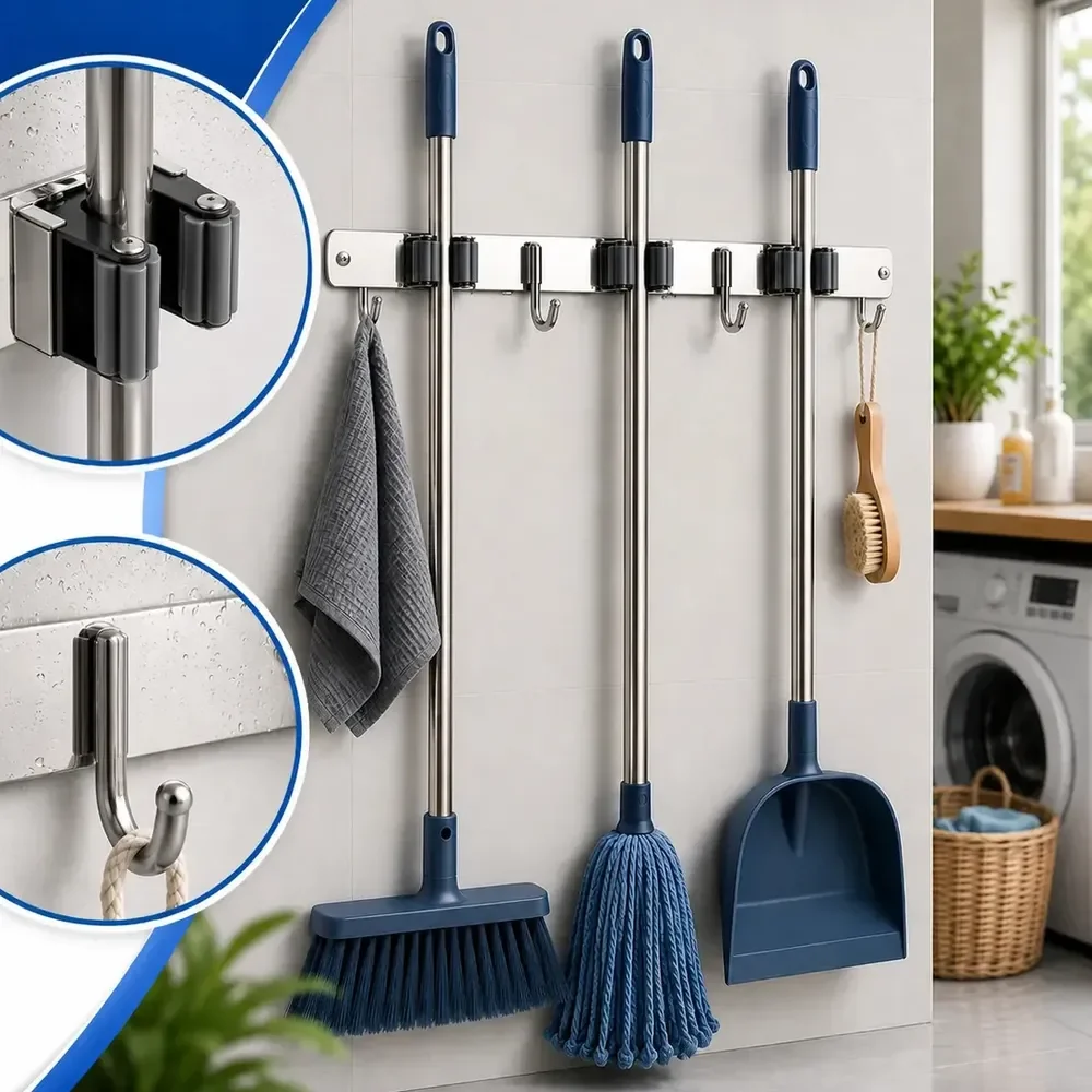 Suporte E Organizador Inox Pendurar Vassoura Pá Rodo Mop Organizador 7 Acessórios Parede Porta Organização Guardar Área De Serviço Cozinha Garagem Aço Inoxidável Armazenar Interno Externo - Diggicom