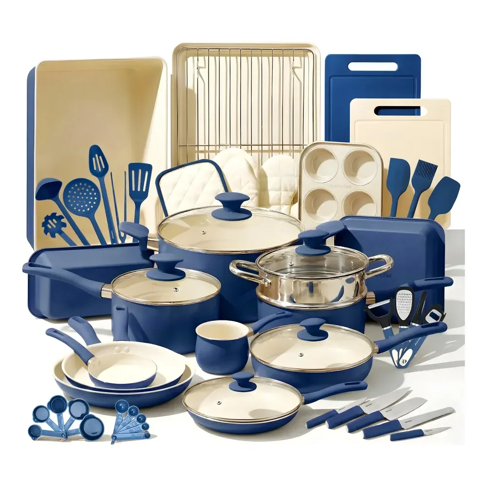 Conjunto De Utensílios De Cozinha Antiaderentes De Cerâmica  Gris Azul