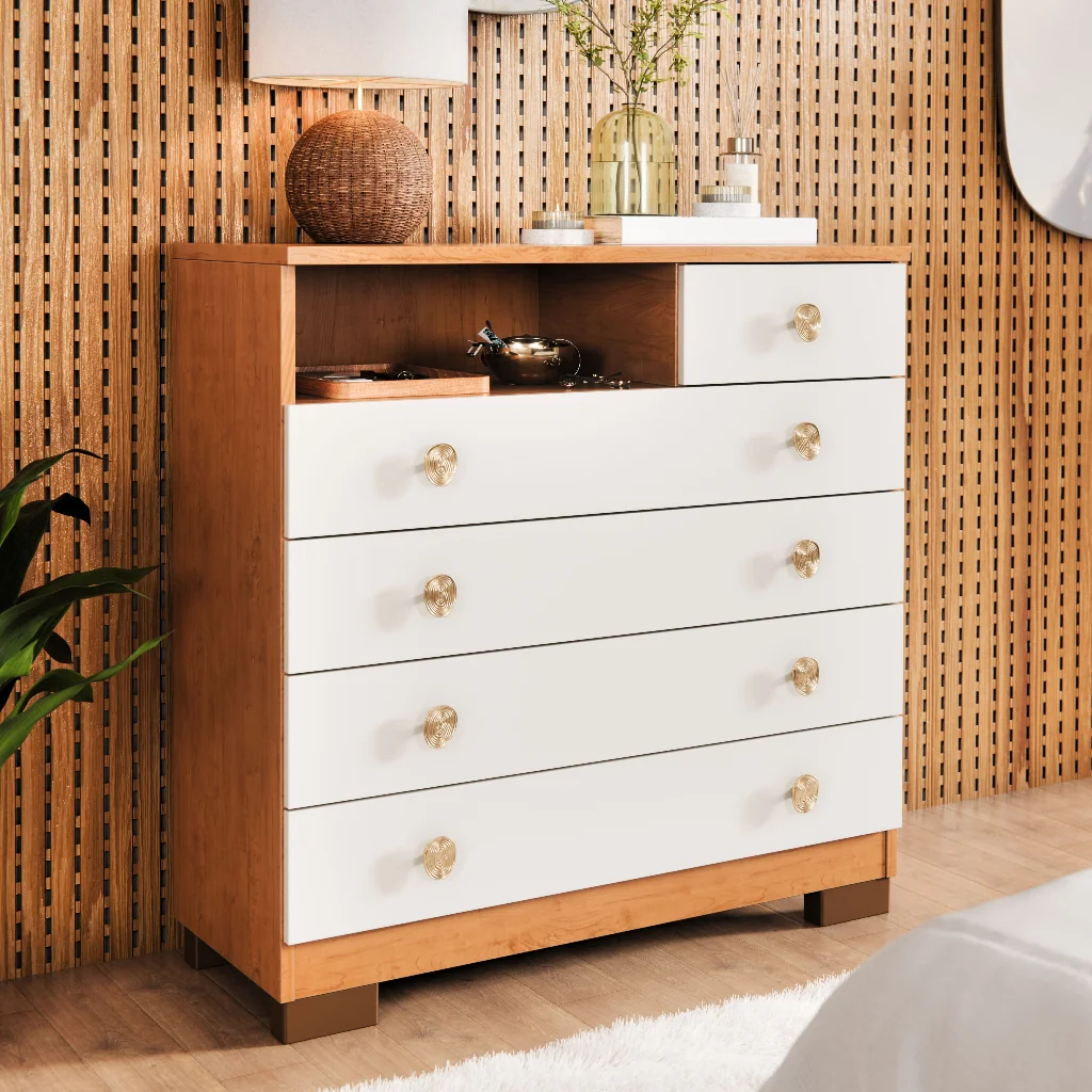 Cômoda 5 Gavetas Grande Para Quarto Casal Com Pés E Corrediças Telescópicas Guarda Roupas Select